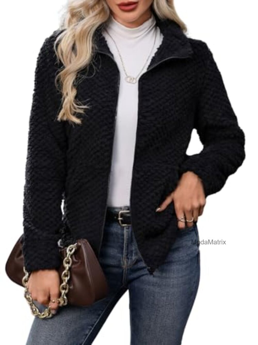Women's Full Zip Fleece Sherpa Jacket Stand Collar Pockets Oversized